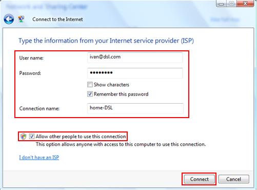 username password for PPPoE DSL or Cable broadband Internet